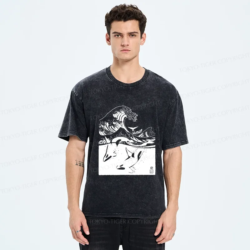 Tokyo-Tiger Whales In The Great Waves Washed T-Shirt