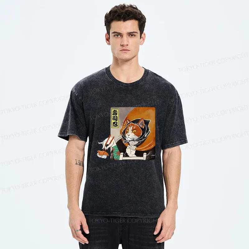 Tokyo-Tiger Sushi Ninja Cat Washed T-Shirt