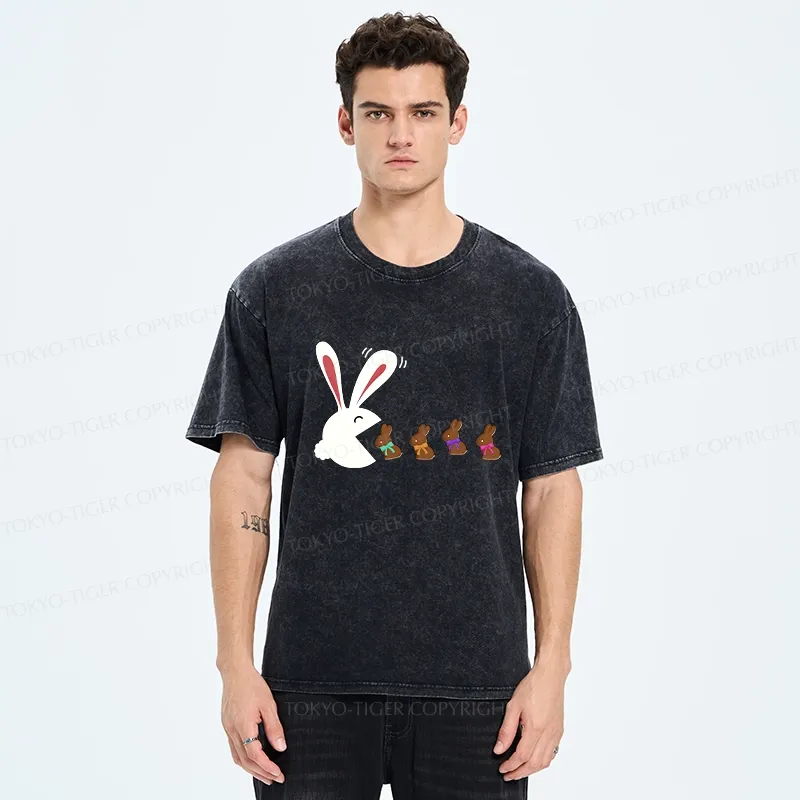 Tokyo-Tiger Funny Eating Chocolate Bunny Washed T-Shirt