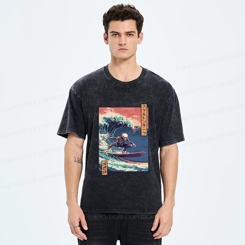 Tokyo-Tiger Skeleton Surfing Washed T-Shirt