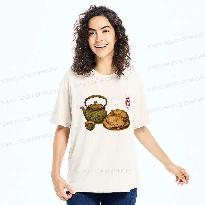 Tokyo-Tiger Tea Ceremony With Cat Washed T-Shirt