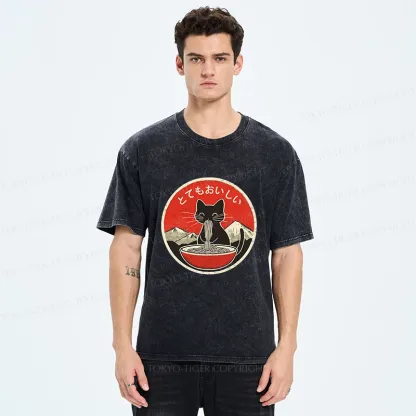 Tokyo-Tiger Cat Eating Yummy Ramen Washed T-Shirt