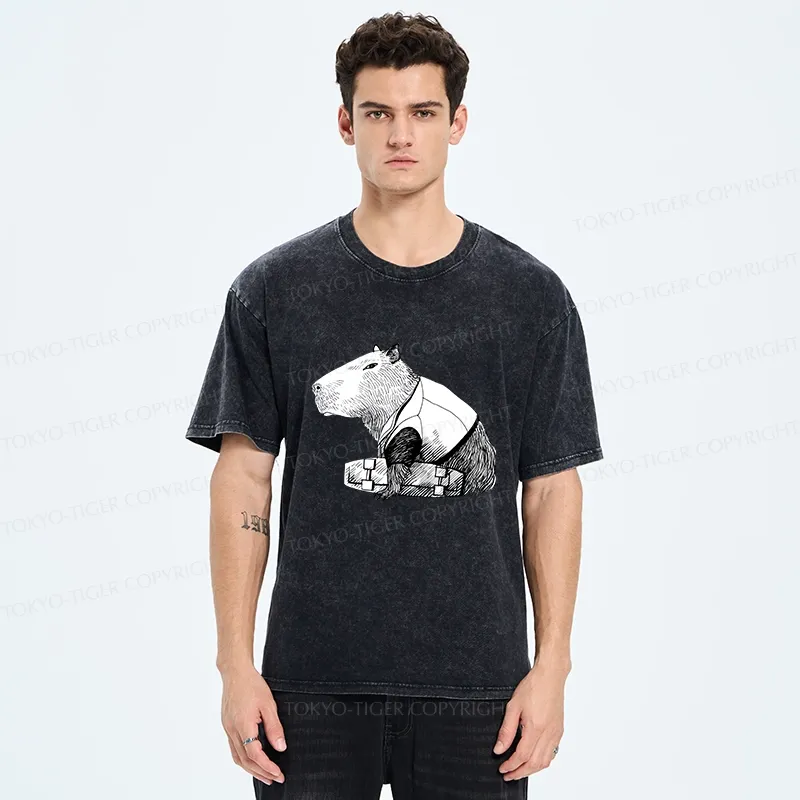 Tokyo-Tiger Funny Capybara Skateboard Washed T-Shirt
