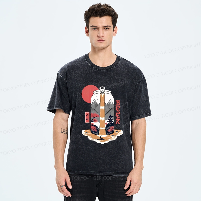 Tokyo-Tiger Japanese Retro Beer Landscape Washed T-Shirt