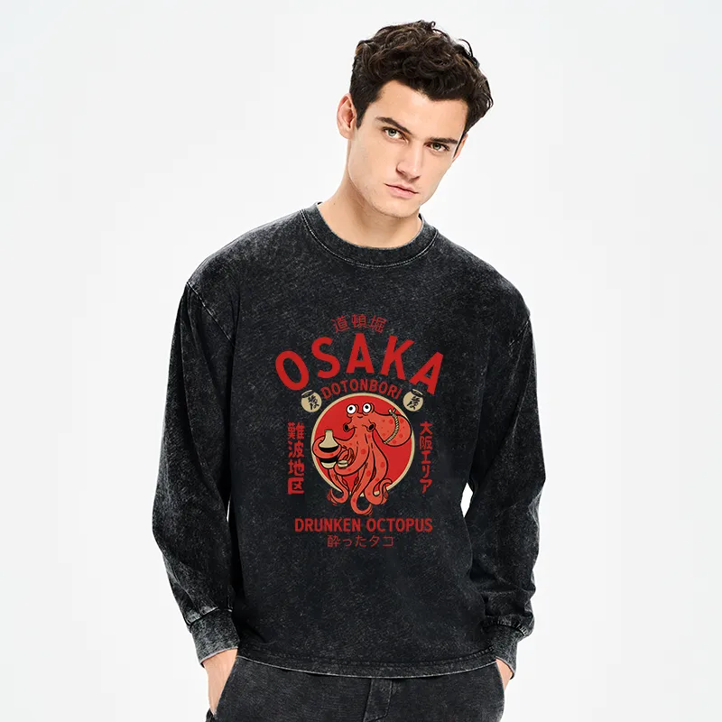 Tokyo-Tiger Drunken Octopus Japan Washed Long Sleeve T-Shirt