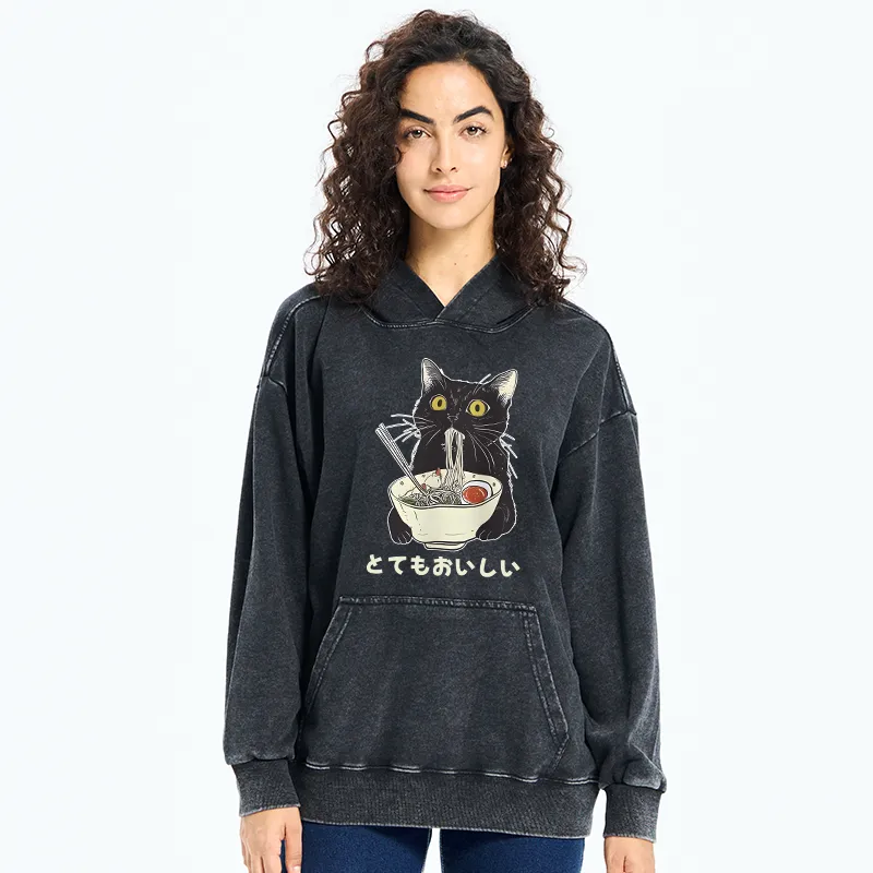 Tokyo-Tiger Cats Eat Ramen Noodles Washed Hoodie