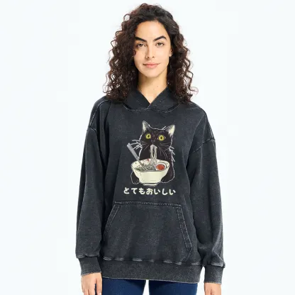 Tokyo-Tiger Cats Eat Ramen Noodles Washed Hoodie