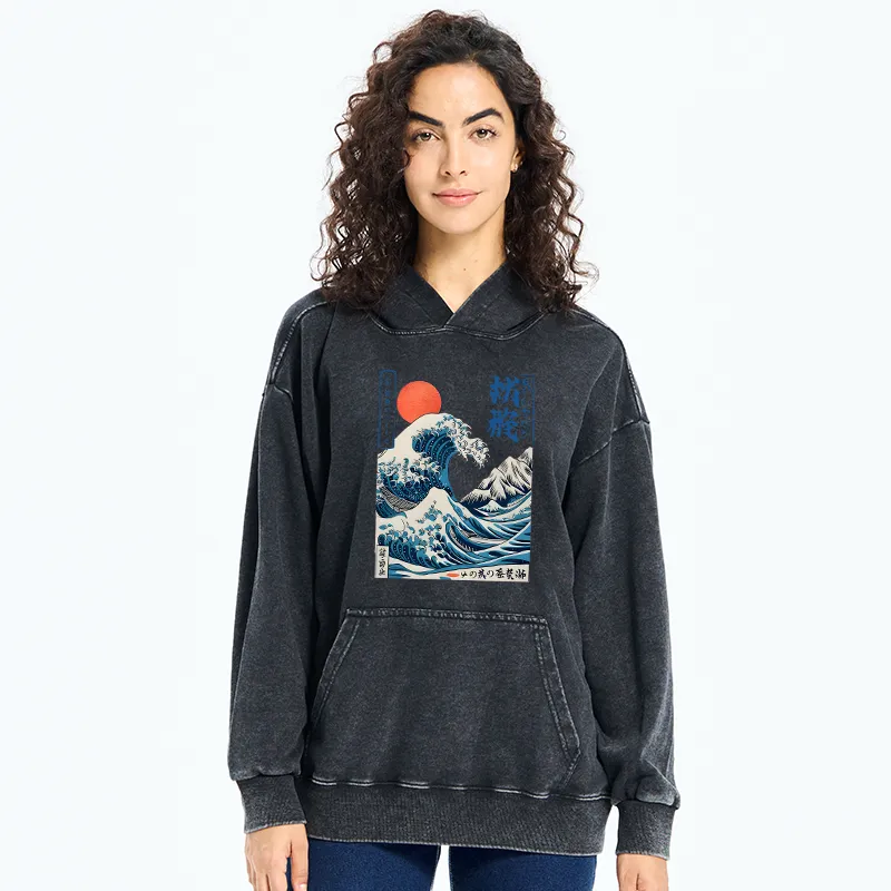 Tokyo-Tiger Ukiyo-e Ocean Waves Japan Washed Hoodie
