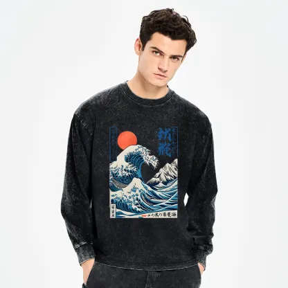Tokyo-Tiger Ukiyo-e Ocean Waves Japan Washed Long Sleeve T-Shirt