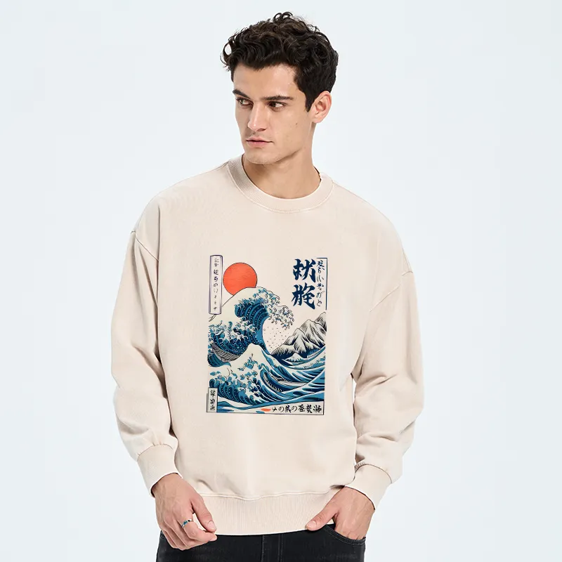 Tokyo-Tiger Ukiyo-e Ocean Waves Japan Washed Sweatshirt