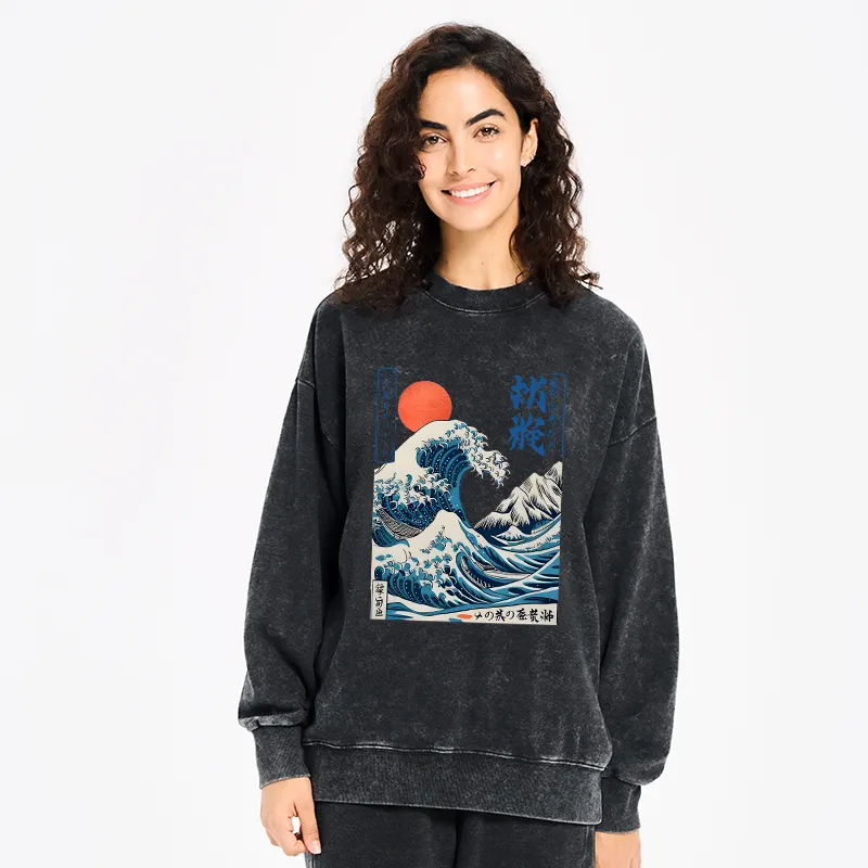 Tokyo-Tiger Ukiyo-e Ocean Waves Japan Washed Sweatshirt