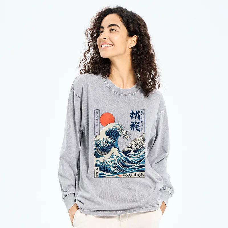 Tokyo-Tiger Ukiyo-e Ocean Waves Japan Washed Long Sleeve T-Shirt