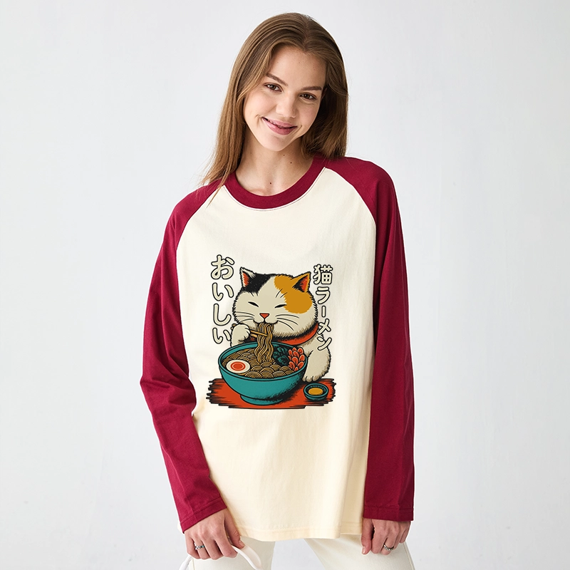 Tokyo-Tiger Cute Eat Eating Japanese Ramen Raglan Long Sleeve T-shirt