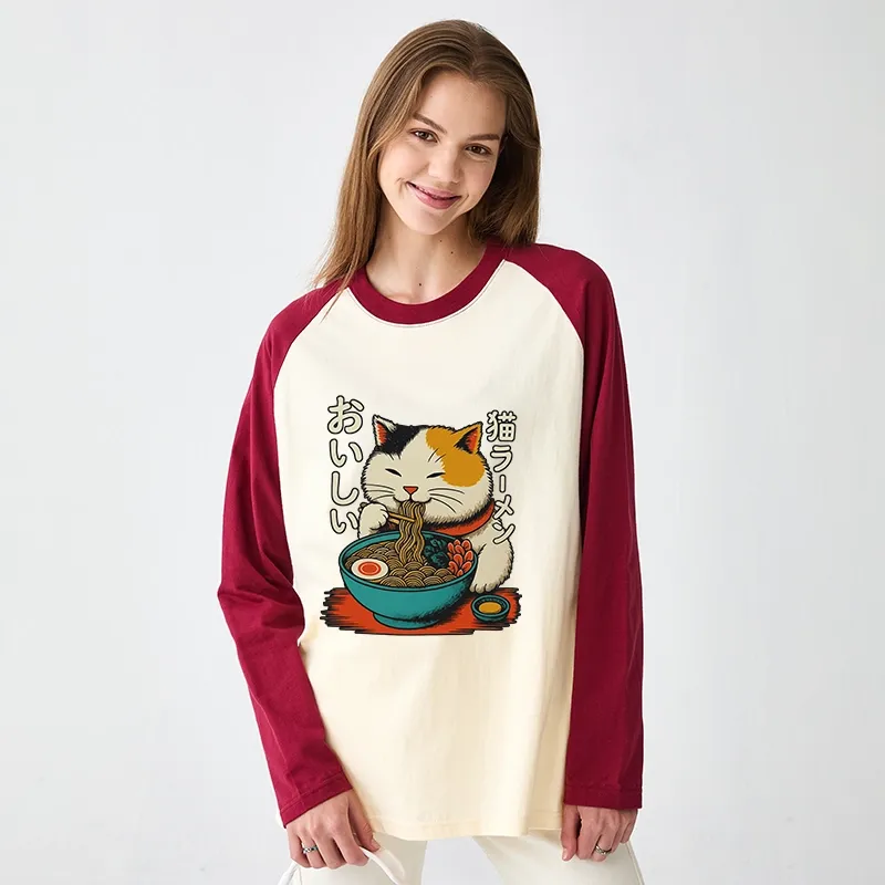 Tokyo-Tiger Cute Eat Eating Japanese Ramen Raglan Long Sleeve T-shirt