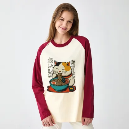 Tokyo-Tiger Cute Eat Eating Japanese Ramen Raglan Long Sleeve T-shirt