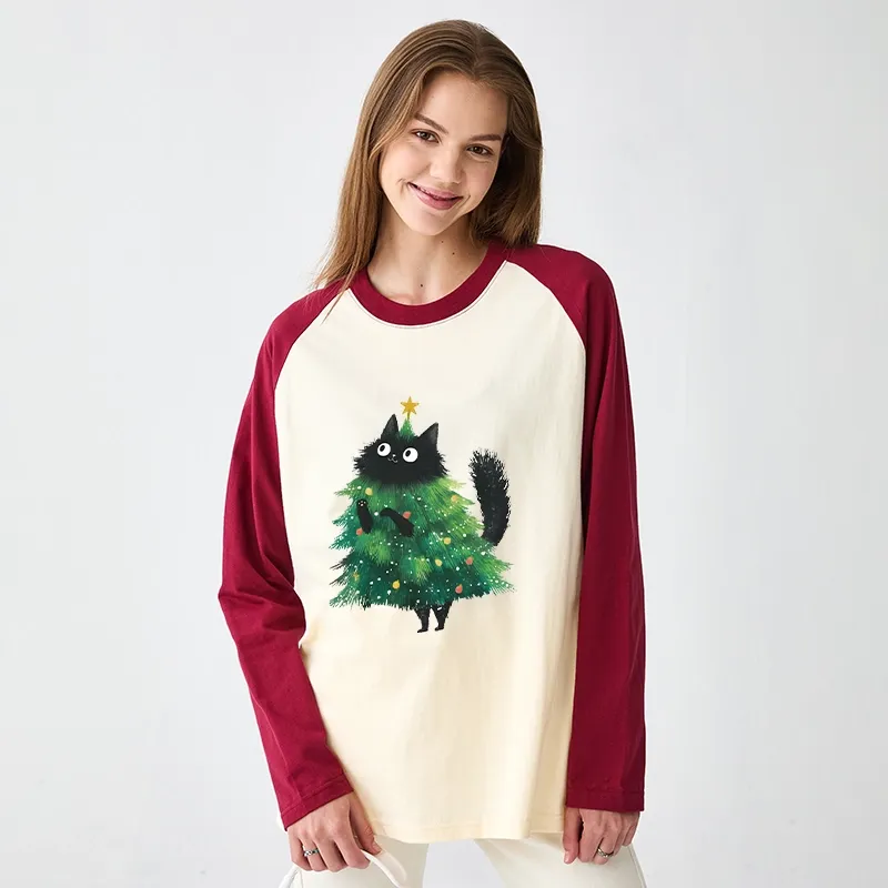Tokyo-Tiger Christmas Tree Cat Japan Raglan Long Sleeve T-shirt