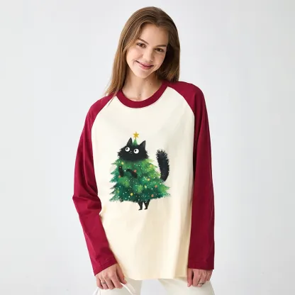 Tokyo-Tiger Christmas Tree Cat Japan Raglan Long Sleeve T-shirt