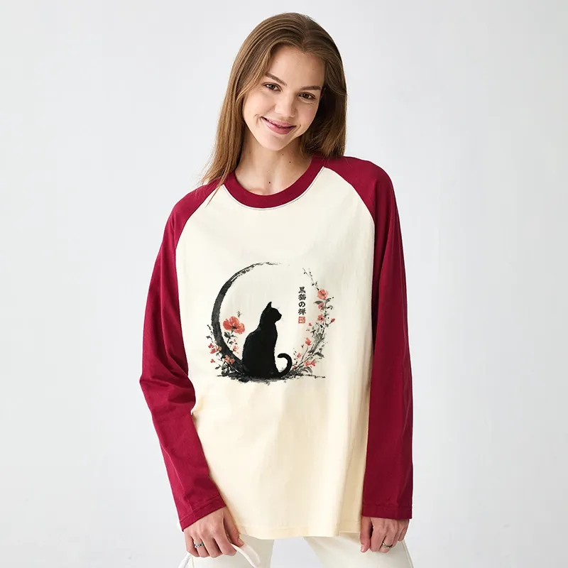 Tokyo-Tiger Black Cat And Flowers Raglan Long Sleeve T-shirt