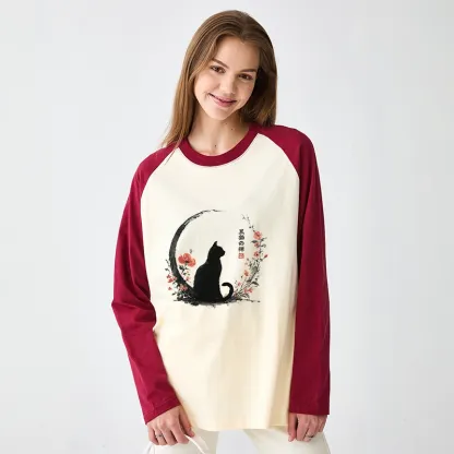 Tokyo-Tiger Black Cat And Flowers Raglan Long Sleeve T-shirt