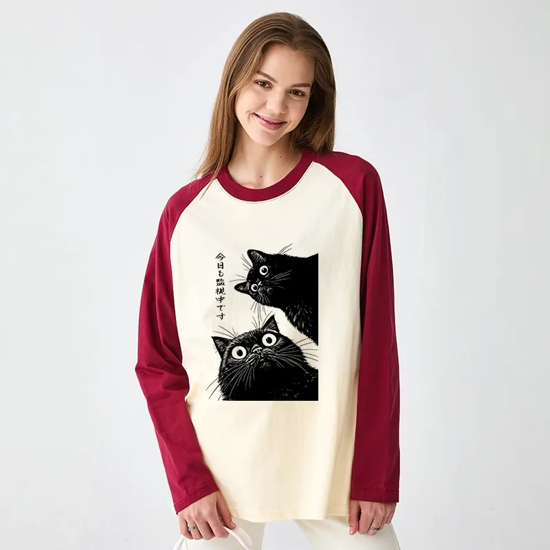 Tokyo-Tiger The Cat Is Watching Today Raglan Long Sleeve T-shirt