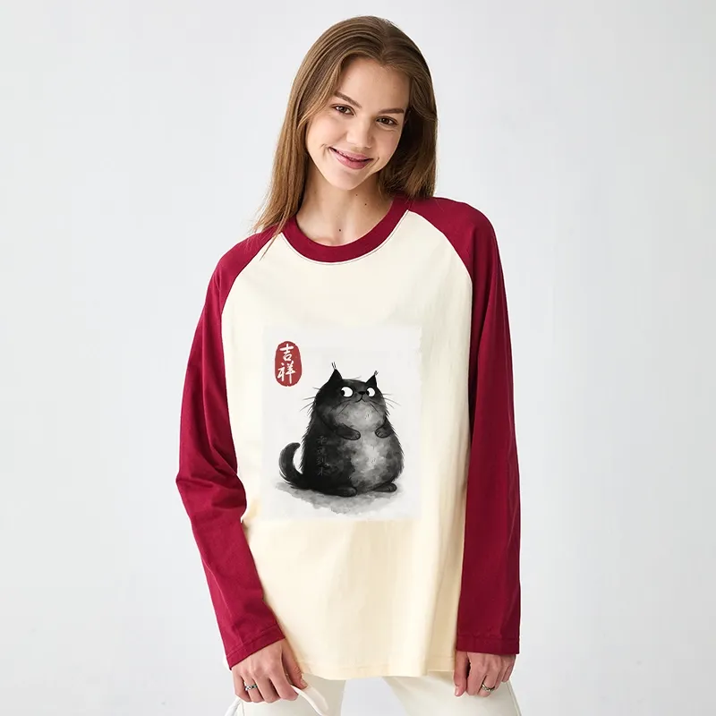 Tokyo-Tiger Auspicious Fluffy Black Cat Ink Painting Raglan Long Sleeve T-shirt