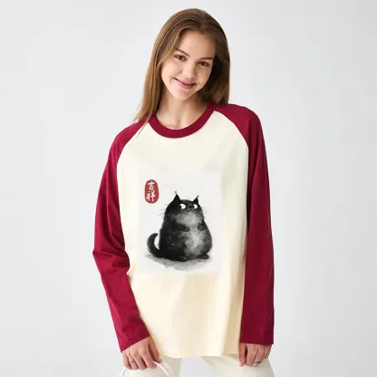 Tokyo-Tiger Auspicious Fluffy Black Cat Ink Painting Raglan Long Sleeve T-shirt