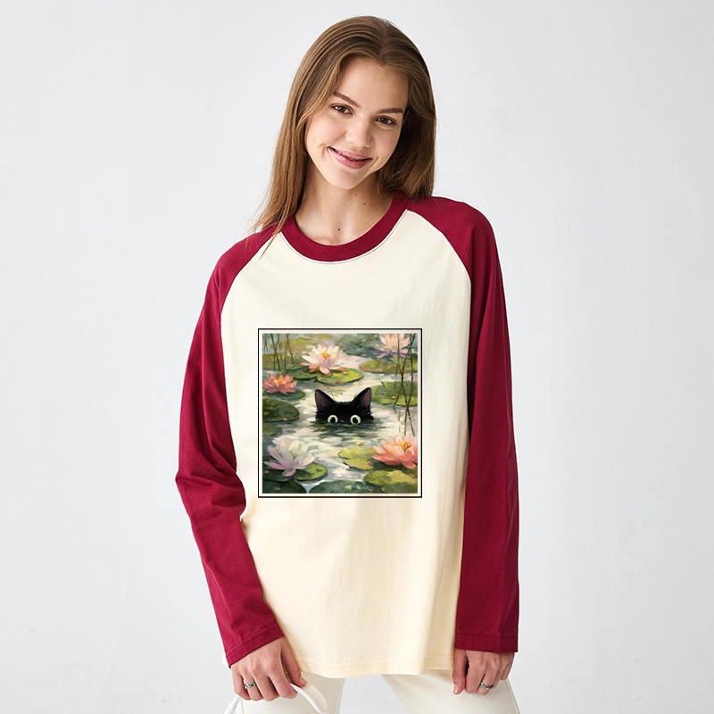 Tokyo-Tiger Black Cat and Lotus Flower Raglan Long Sleeve T-shirt