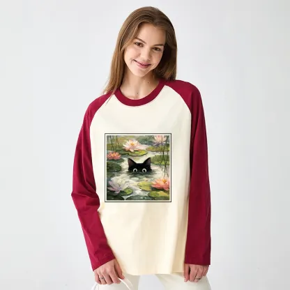 Tokyo-Tiger Black Cat and Lotus Flower Raglan Long Sleeve T-shirt