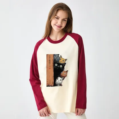 Tokyo-Tiger Five Cats Are Watching You Raglan Long Sleeve T-shirt