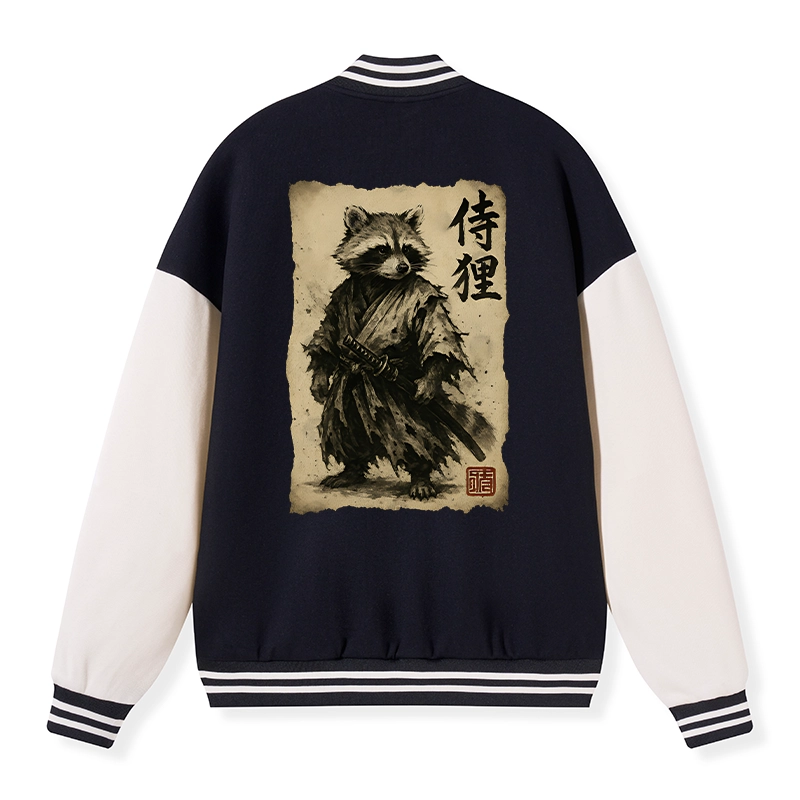 Tokyo-Tiger Retro Raccoon Samurai Embroidery Varsity Jacket