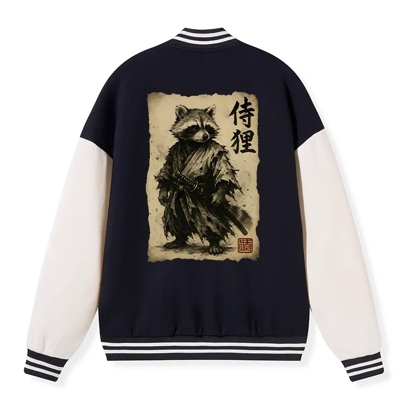Tokyo-Tiger Retro Raccoon Samurai Embroidery Varsity Jacket Sale