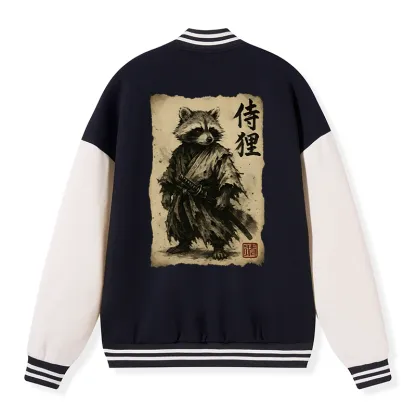 Tokyo-Tiger Retro Raccoon Samurai Embroidery Varsity Jacket
