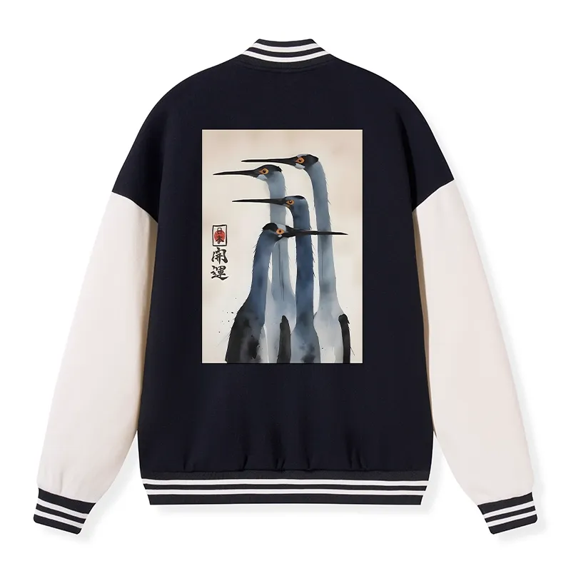 Tokyo-Tiger Retro Sandhill Crane Embroidery Varsity Jacket Sale