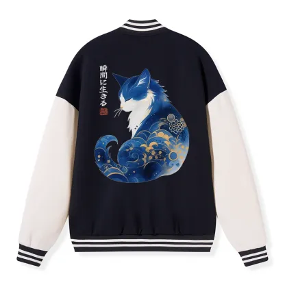 Tokyo-Tiger Retro Zen Cat: Living the Present Embroidery Varsity Jacket