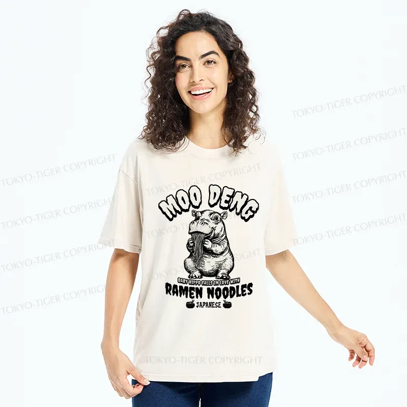 Tokyo-Tiger Moo Deng Eating Ramen Funny Washed T-Shirt