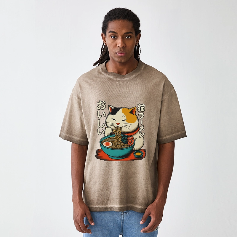 Tokyo-Tiger Cute Eat Eating Japanese Ramen Gradient Washed T-Shirt