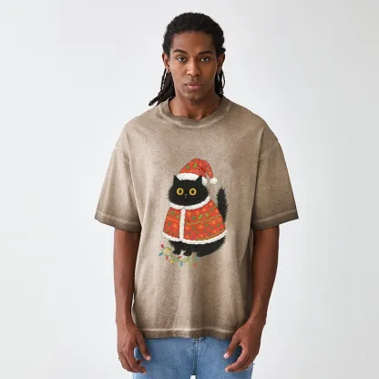 Tokyo-Tiger Cat Wearing Santa Hat Gradient Washed T-Shirt