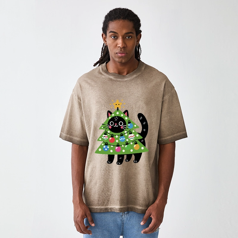 Tokyo-Tiger Christmas Tree Cat Gradient Washed T-Shirt