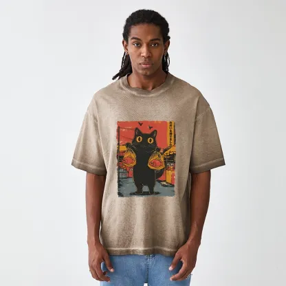 Tokyo-Tiger Cat Fishing Japanese Gradient Washed T-Shirt