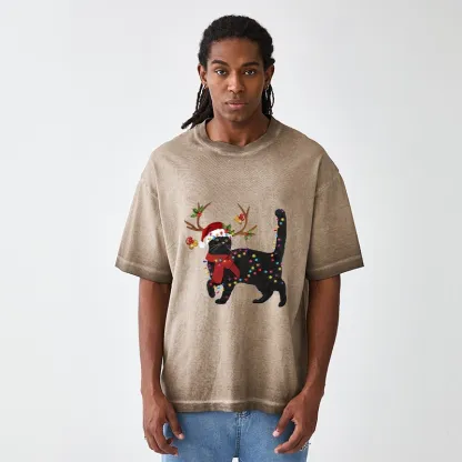 Tokyo-Tiger Christmas Black Cat Gradient Washed T-Shirt