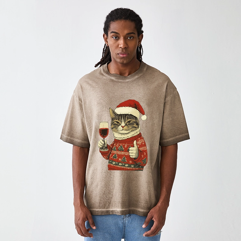 Tokyo-Tiger Christmas Cat Likes Gradient Washed T-Shirt