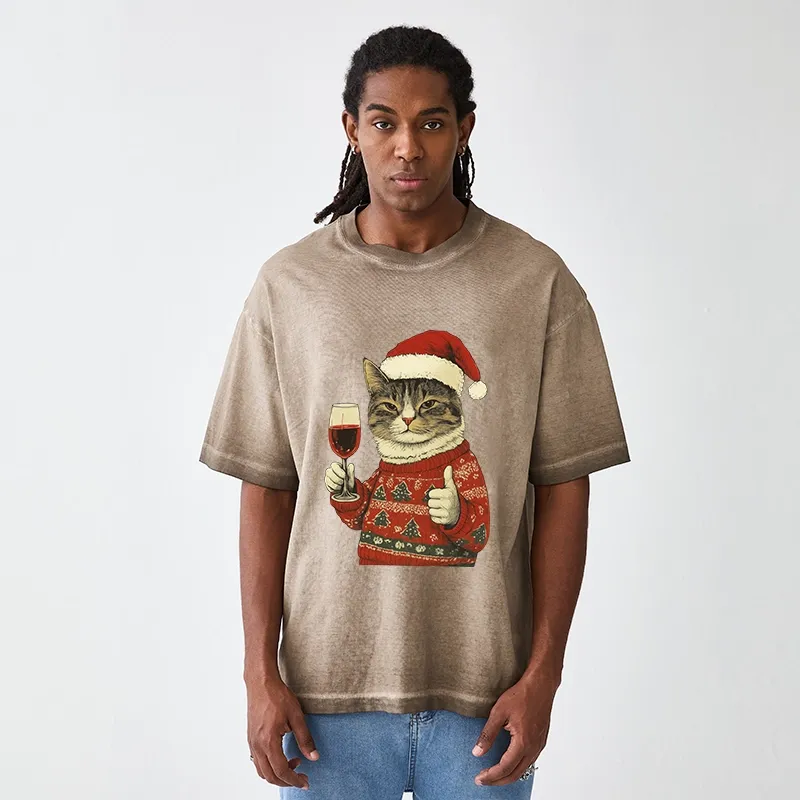 Tokyo-Tiger Christmas Cat Likes Gradient Washed T-Shirt