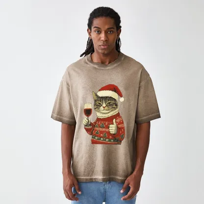 Tokyo-Tiger Christmas Cat Likes Gradient Washed T-Shirt