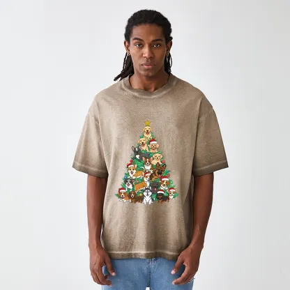 Tokyo-Tiger Christmas Tree Dog Funny Gradient Washed T-Shirt