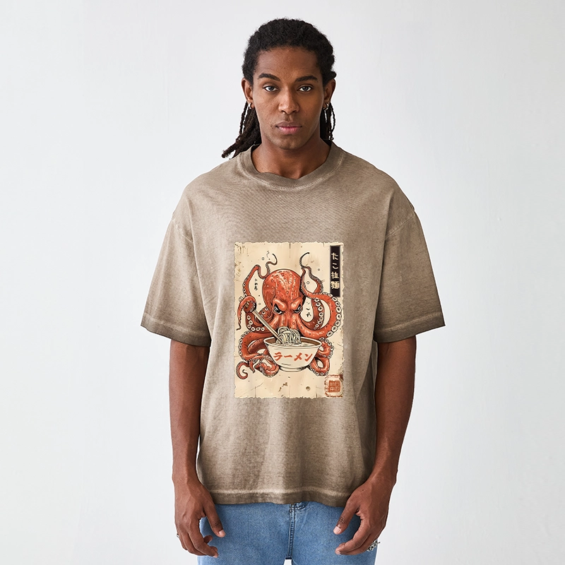 Tokyo-Tiger Retro Octopus Eating Ramen Gradient Washed T-Shirt