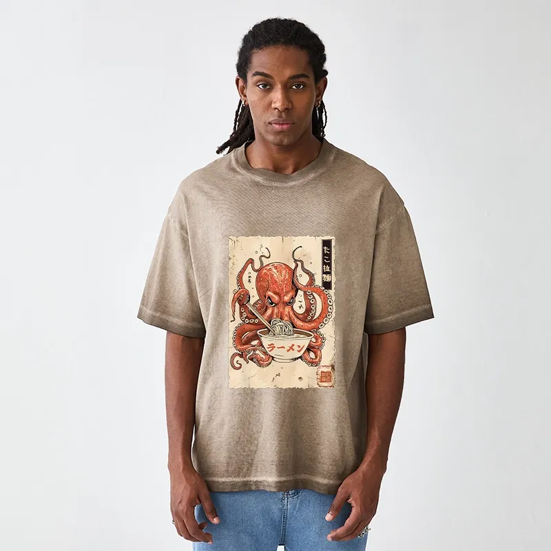 Tokyo-Tiger Retro Octopus Eating Ramen Gradient Washed T-Shirt