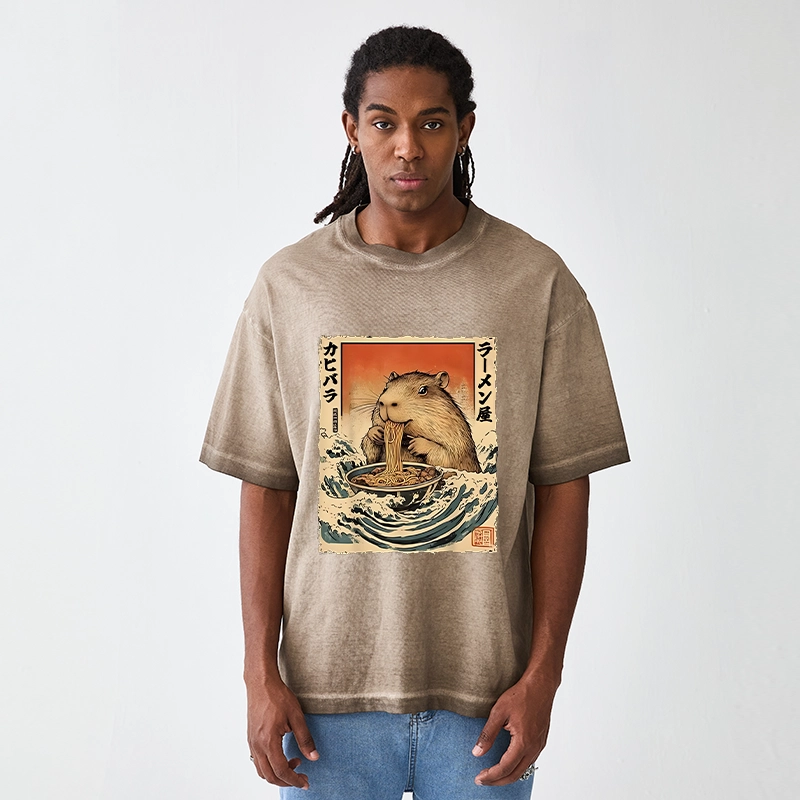 Tokyo-Tiger Hamster Eating Ramen Gradient Washed T-Shirt