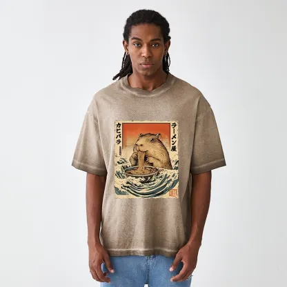 Tokyo-Tiger Hamster Eating Ramen Gradient Washed T-Shirt
