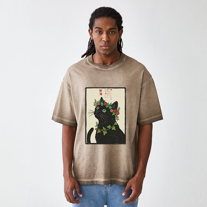 Tokyo-Tiger The Flower-Crowned Cat Gradient Washed T-Shirt