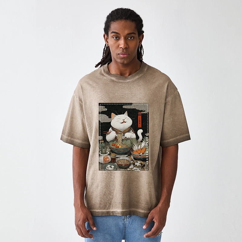 Tokyo-Tiger The Ramen-Loving Cat Gradient Washed T-Shirt